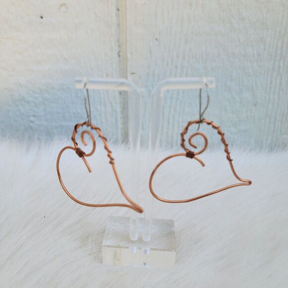 artisan open heart dangle earrings copper wire wrapped - Picture 3 of 4